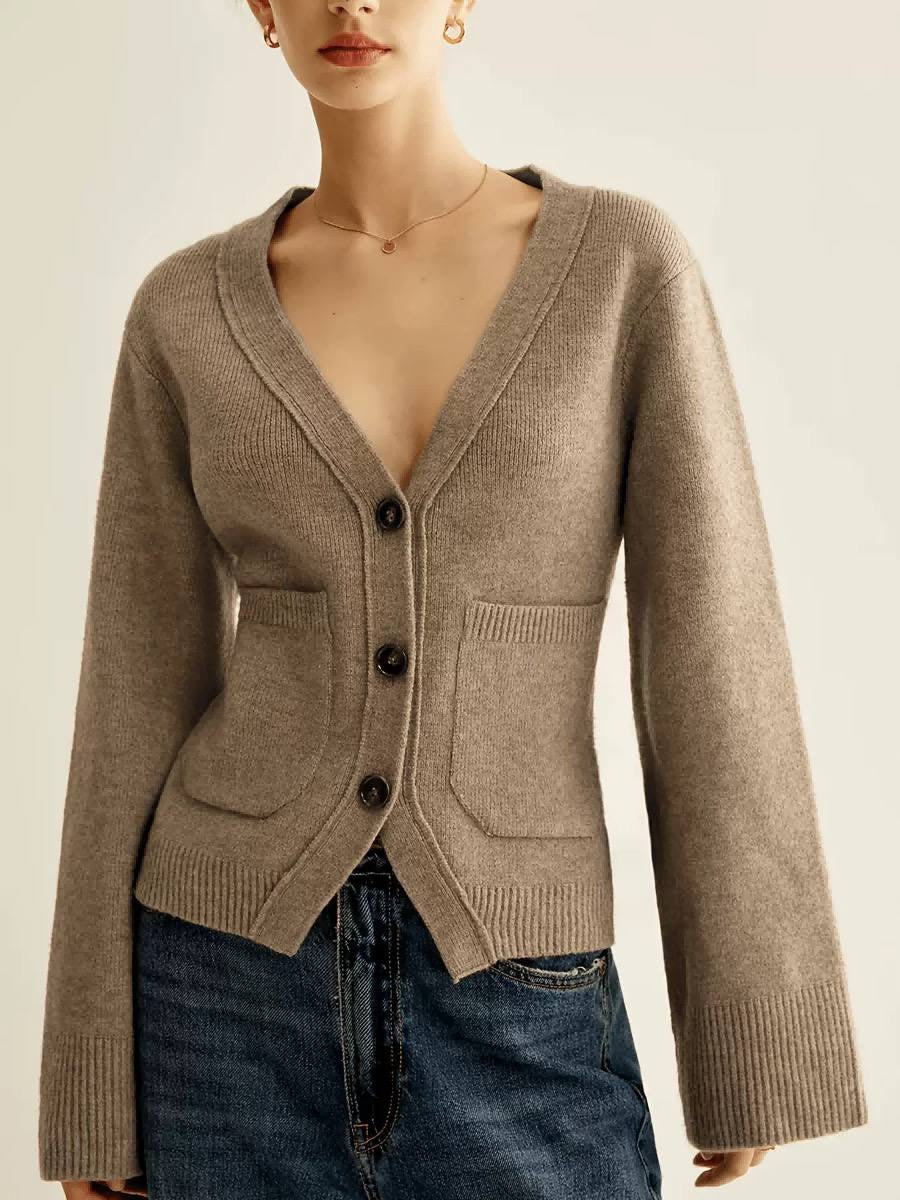 V-Neck Button-Front Cardigan With Wide Sleeves and Pockets – Taupe