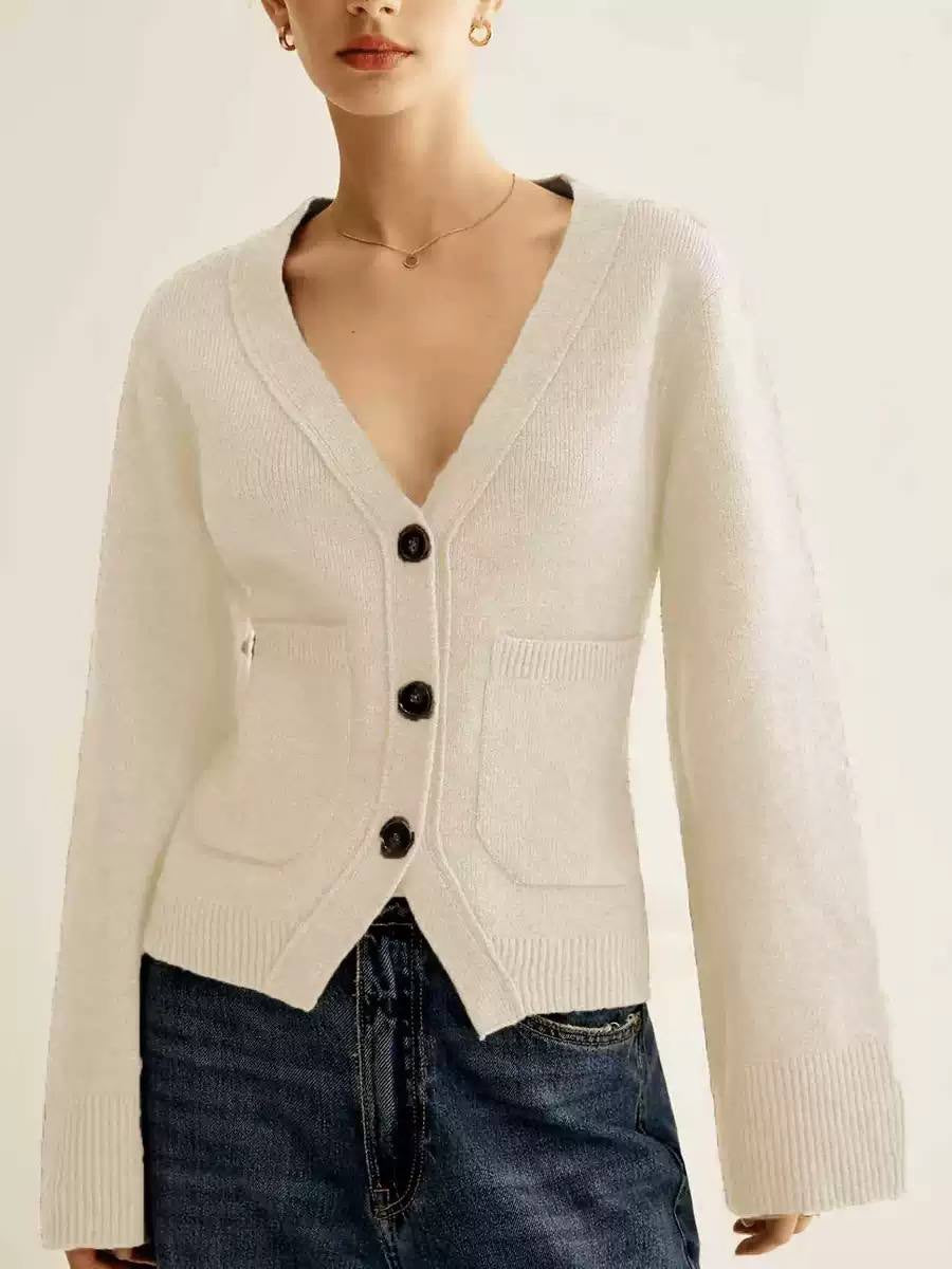V-Neck Button-Front Cardigan With Wide Sleeves and Pockets – Ivory