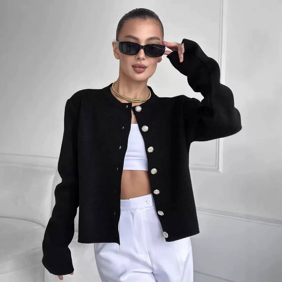 Round Neck Button Front Cardigan With Long Sleeves – Black