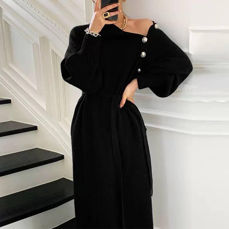 Belted Sweater Dress With Asymmetric Button Neckline – Black
