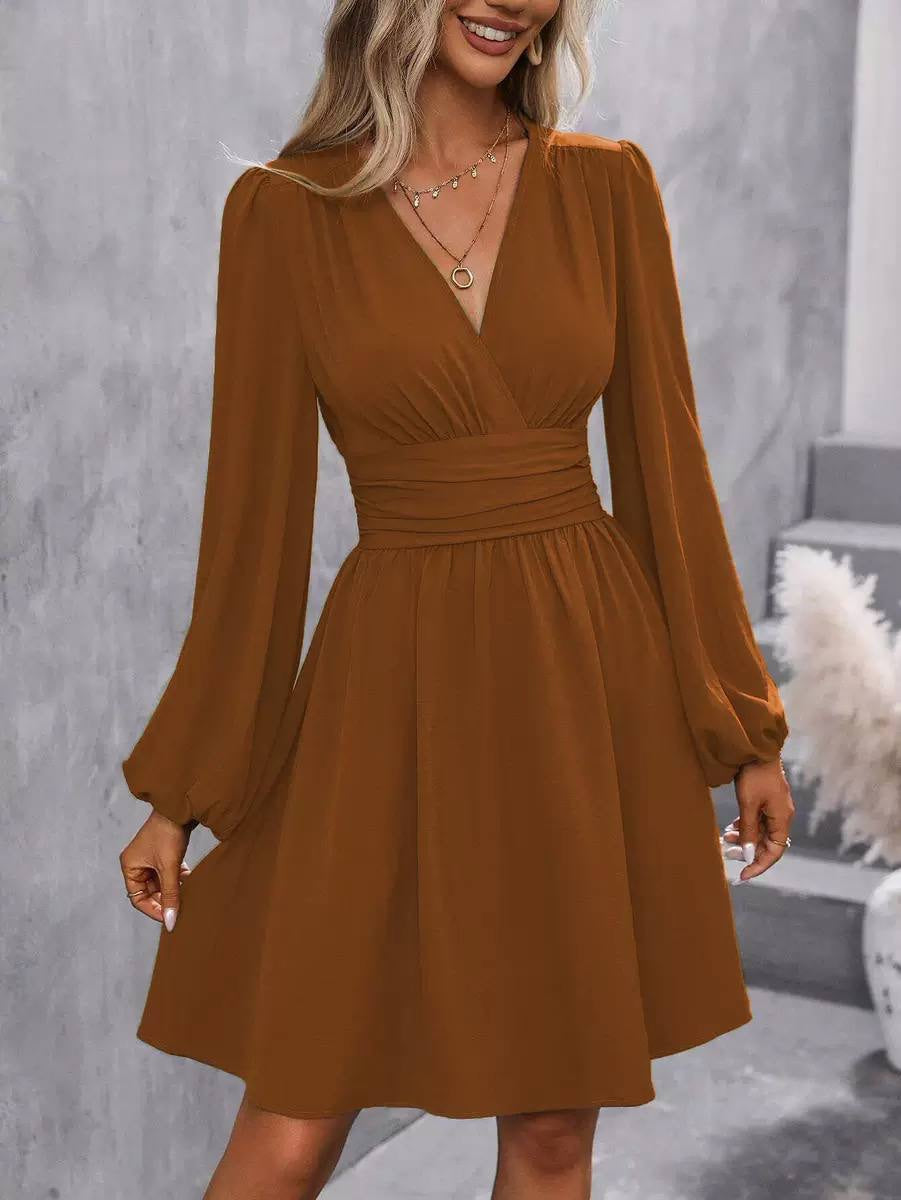 V-Neck Long Sleeve Dress With a Ruched Waist – Rust