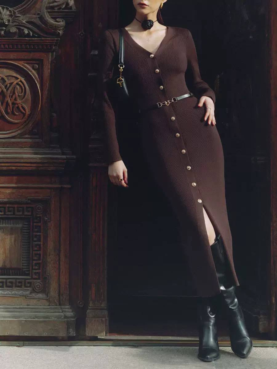 Ribbed V-Neck Long Sleeve Button-Front Midi Dress – Brown