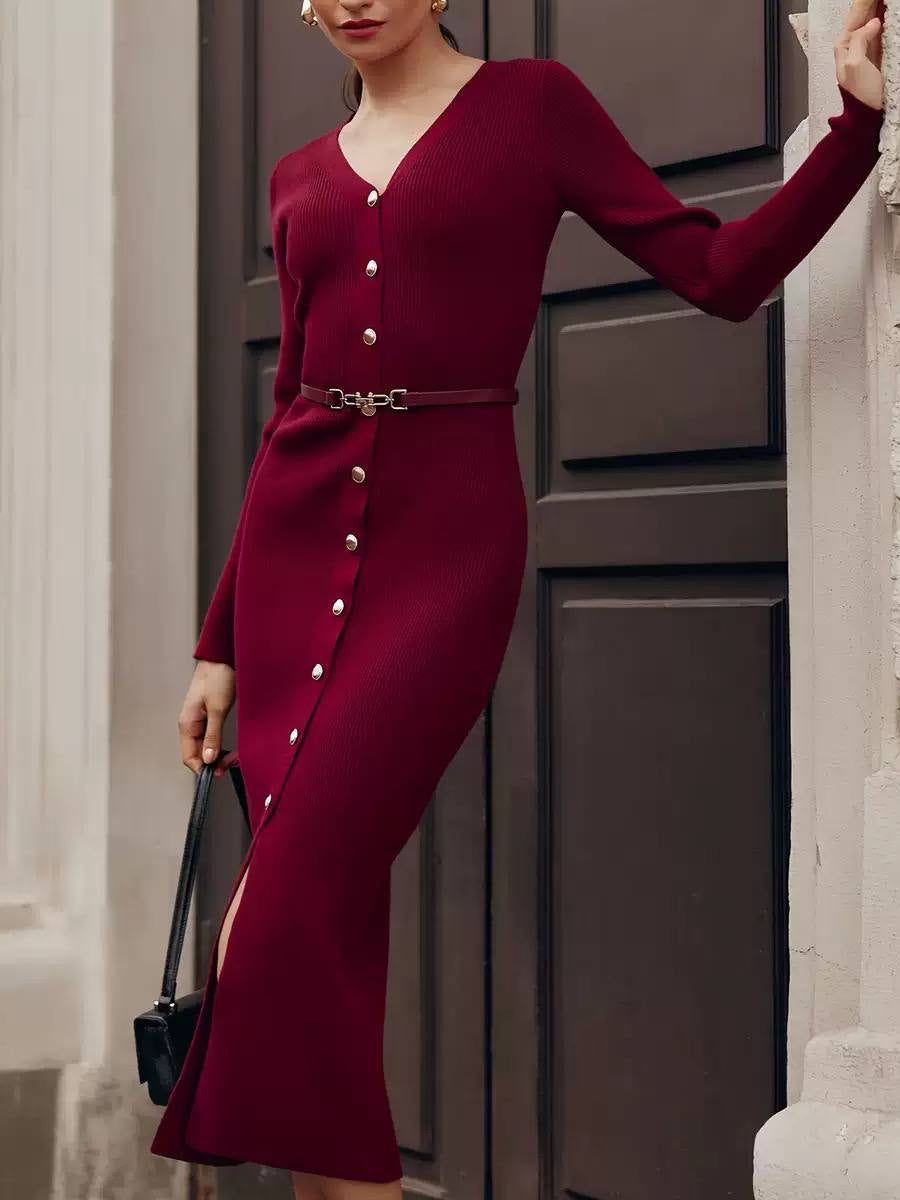 Ribbed V-Neck Long Sleeve Button-Front Midi Dress – Burgundy