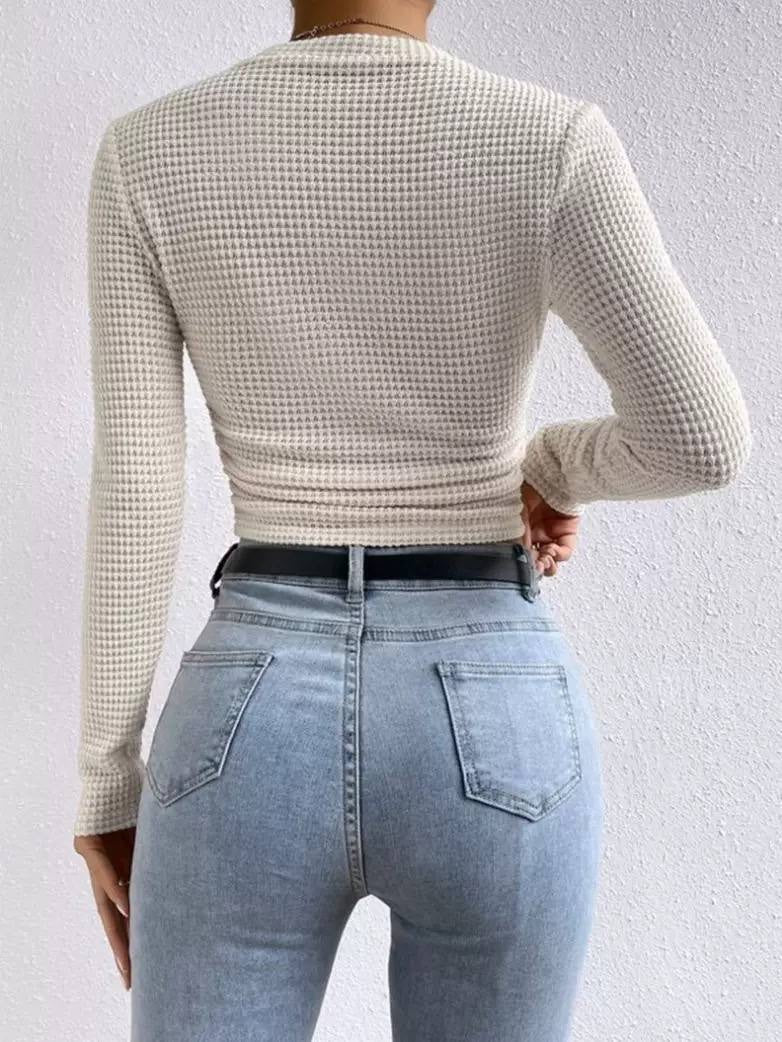 Waffle Textured Crew Neck Long Sleeve Fitted Crop Top – Cream