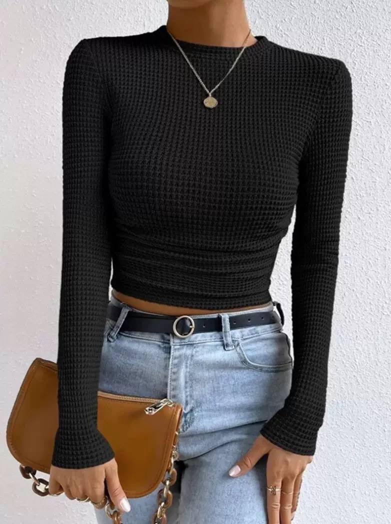 Waffle Textured Crew Neck Long Sleeve Fitted Crop Top – Black