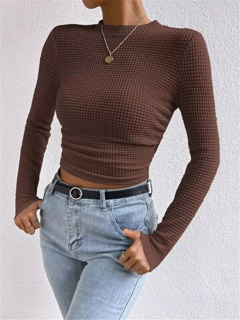 Waffle Textured Crew Neck Long Sleeve Fitted Crop Top – Brown