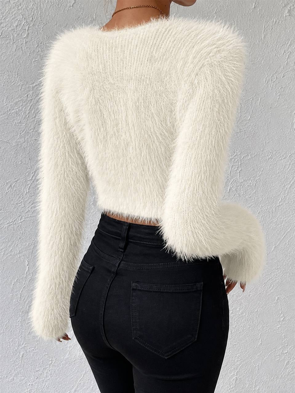Fuzzy V-Neck Cropped Sweater With Long Flared Sleeves – Cream