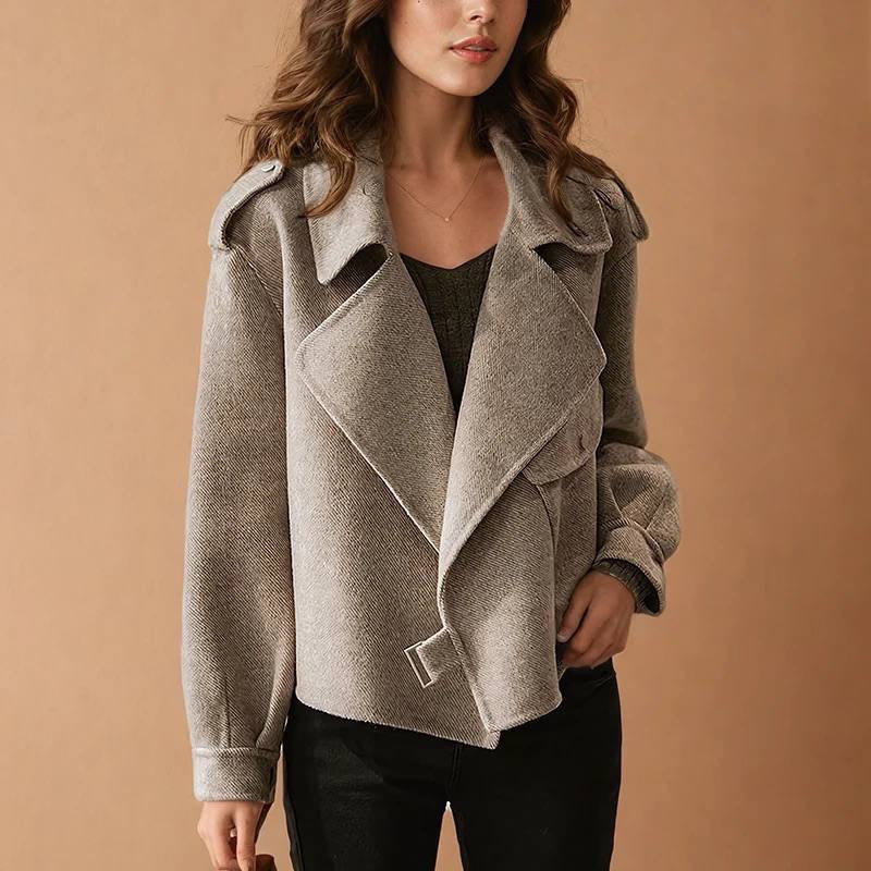 Textured Wide Lapel Jacket With Buckle Detail – Taupe