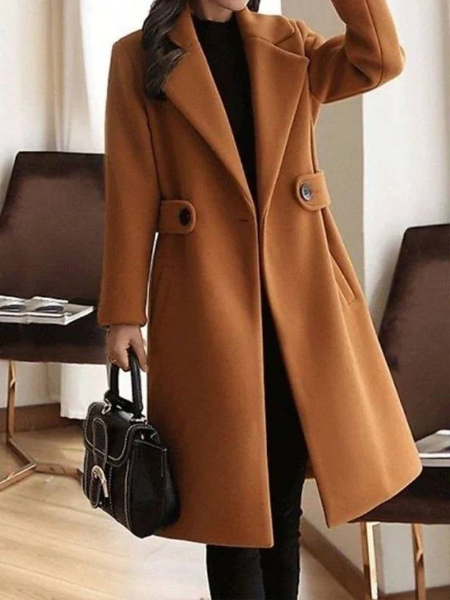 Notched Lapel Coat With Button Waist Tabs – Brown