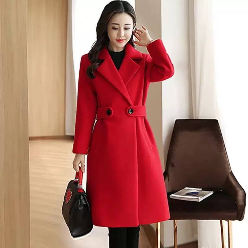Notched Lapel Coat With Button Waist Tabs – Red