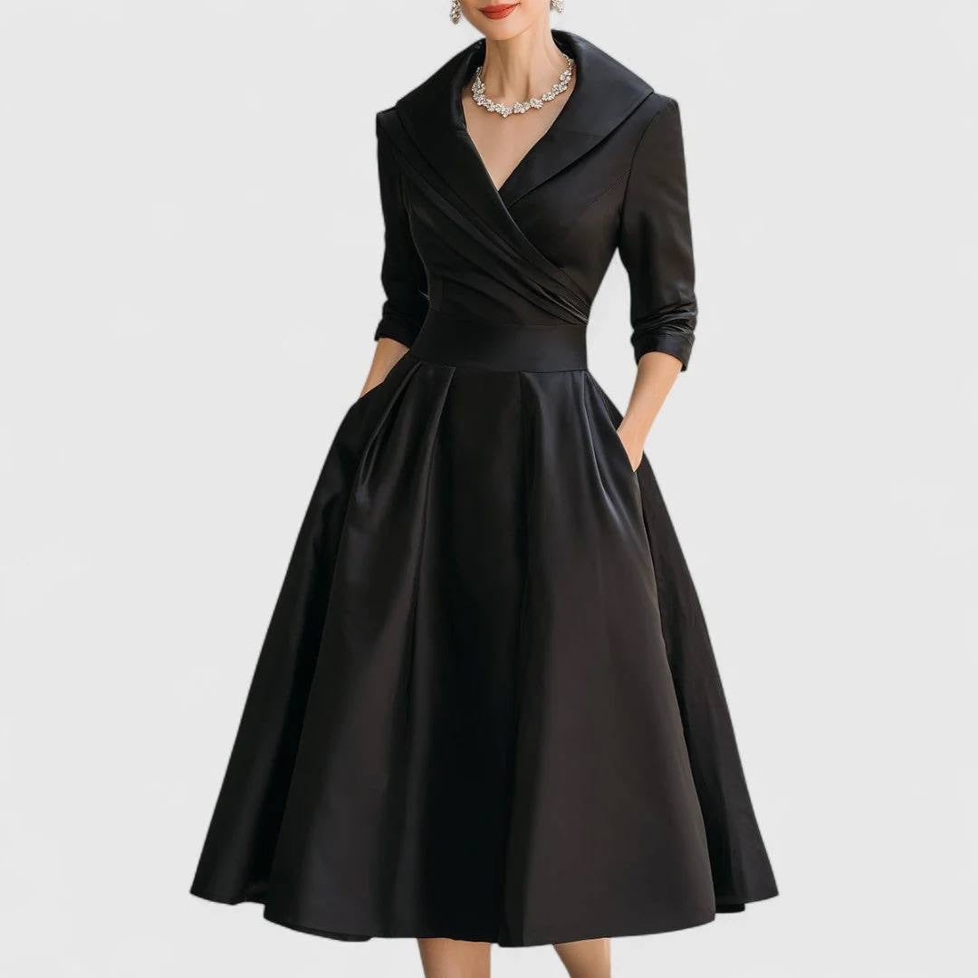 Shawl Collar Pleated Midi Dress With Side Pockets – Black