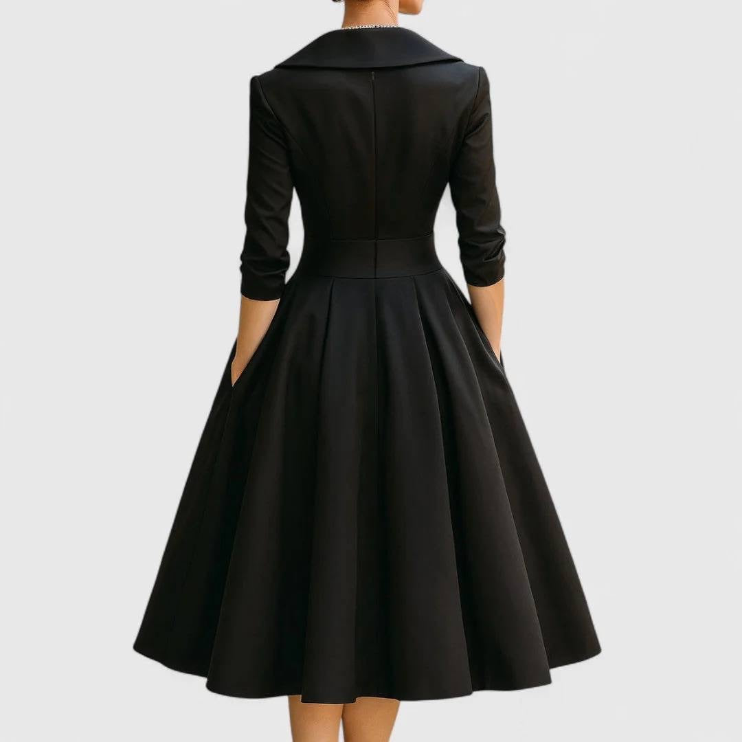 Shawl Collar Pleated Midi Dress With Side Pockets – Black
