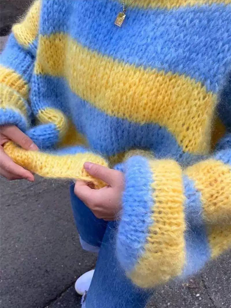 Oversized Striped Fuzzy Sweater With Long Sleeves – Blue And Yellow Stripe