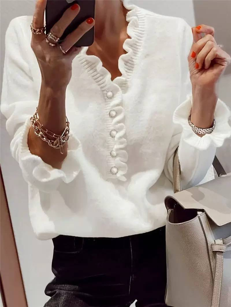 Ruffle-Trim V-Neck Sweater With Decorative Front Buttons – White