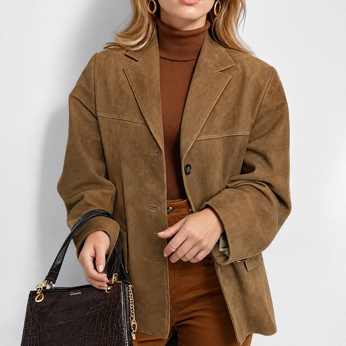 Relaxed Notched Lapel Blazer With Button Front – Tan