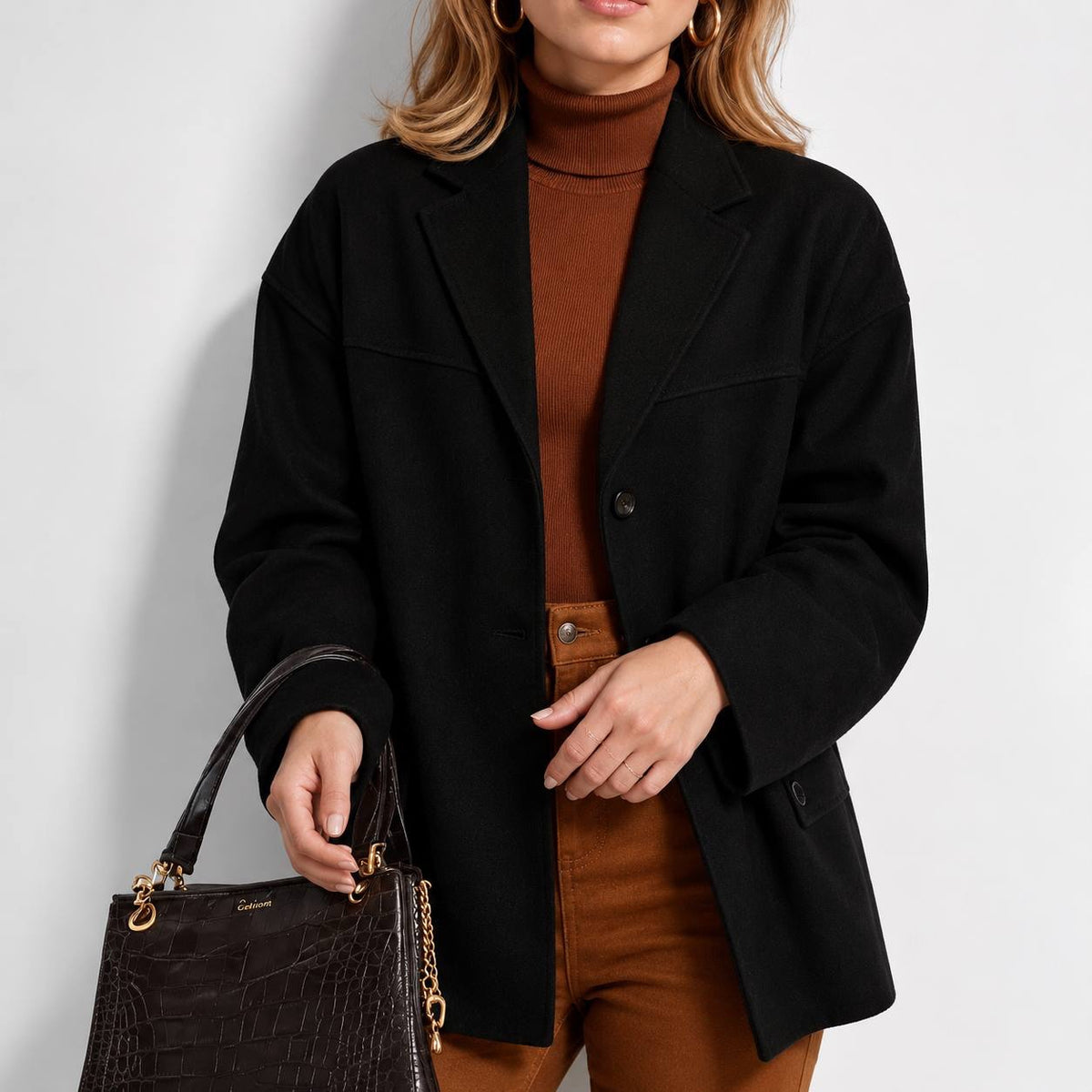 Relaxed Notched Lapel Blazer With Button Front – Black