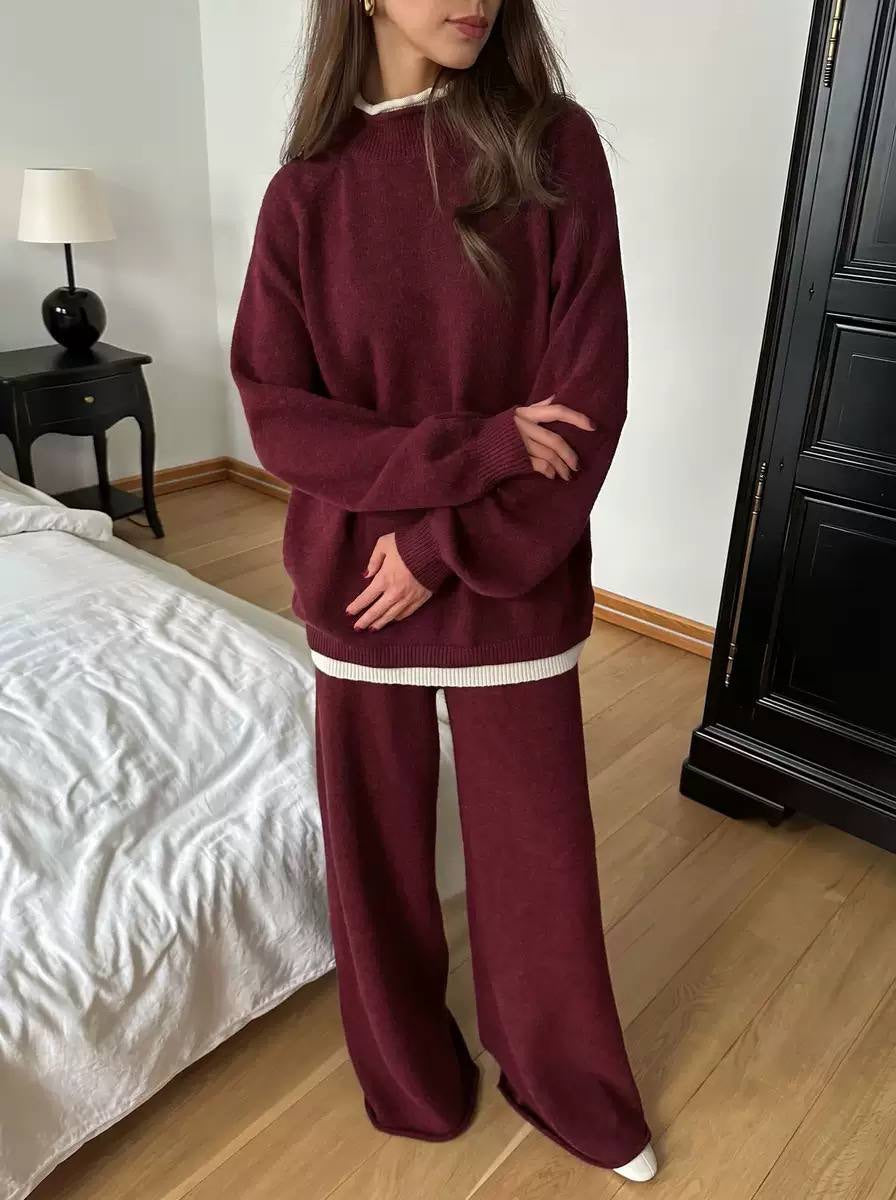 Relaxed Long Sleeve Sweater And Wide-Leg Pants Set – Burgundy