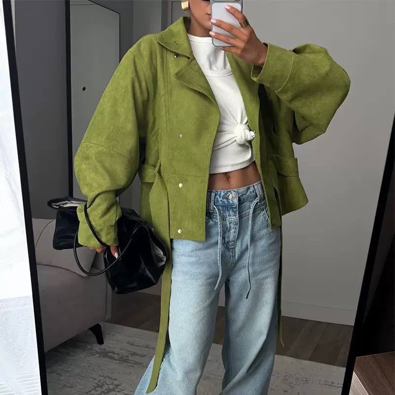 Belted Cropped Jacket With Wide Lapels And Balloon Sleeves – Green