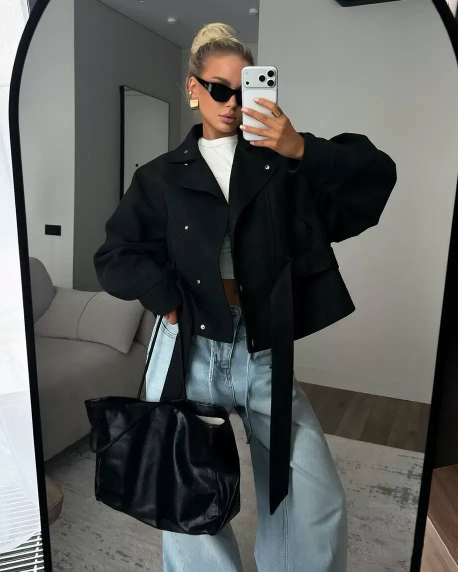 Belted Cropped Jacket With Wide Lapels And Balloon Sleeves – Black
