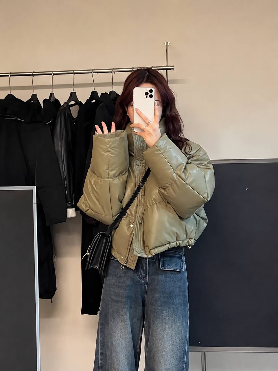 Relaxed Quilted Puffer Jacket With Stand Collar – Olive