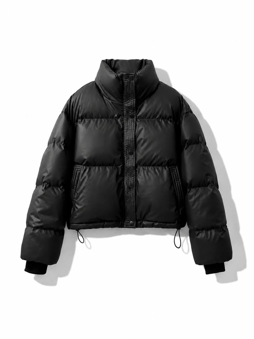 Relaxed Quilted Puffer Jacket With Stand Collar – Black