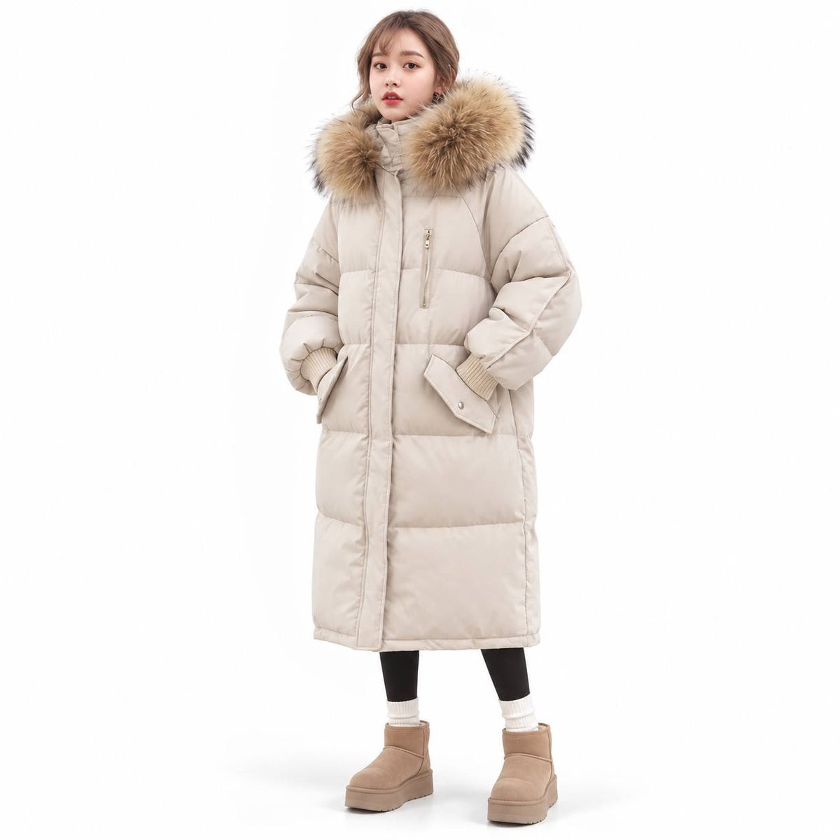 Long Quilted Puffer Coat With Plush Trimmed Hood – Beige