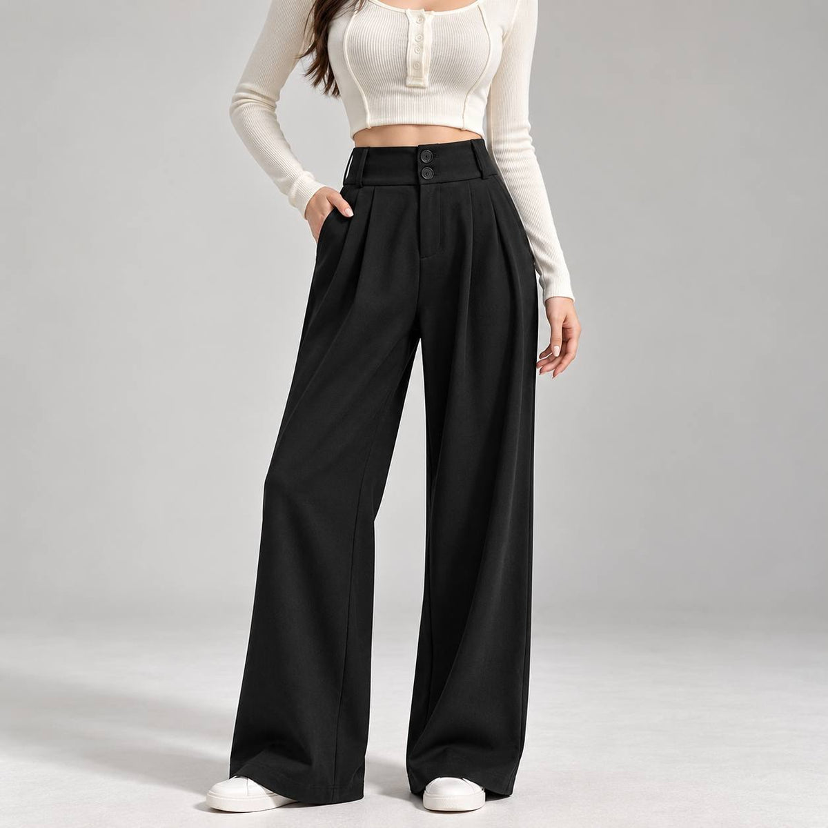 High-Waisted Pleated Wide-Leg Pants With Double Buttons – Black