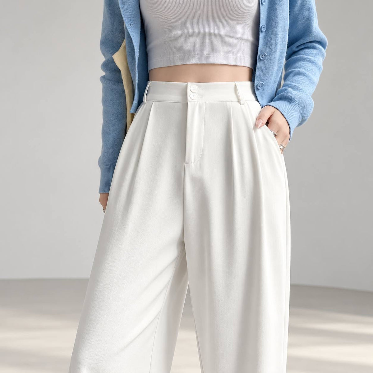 High-Waisted Pleated Wide-Leg Pants With Double Buttons – White