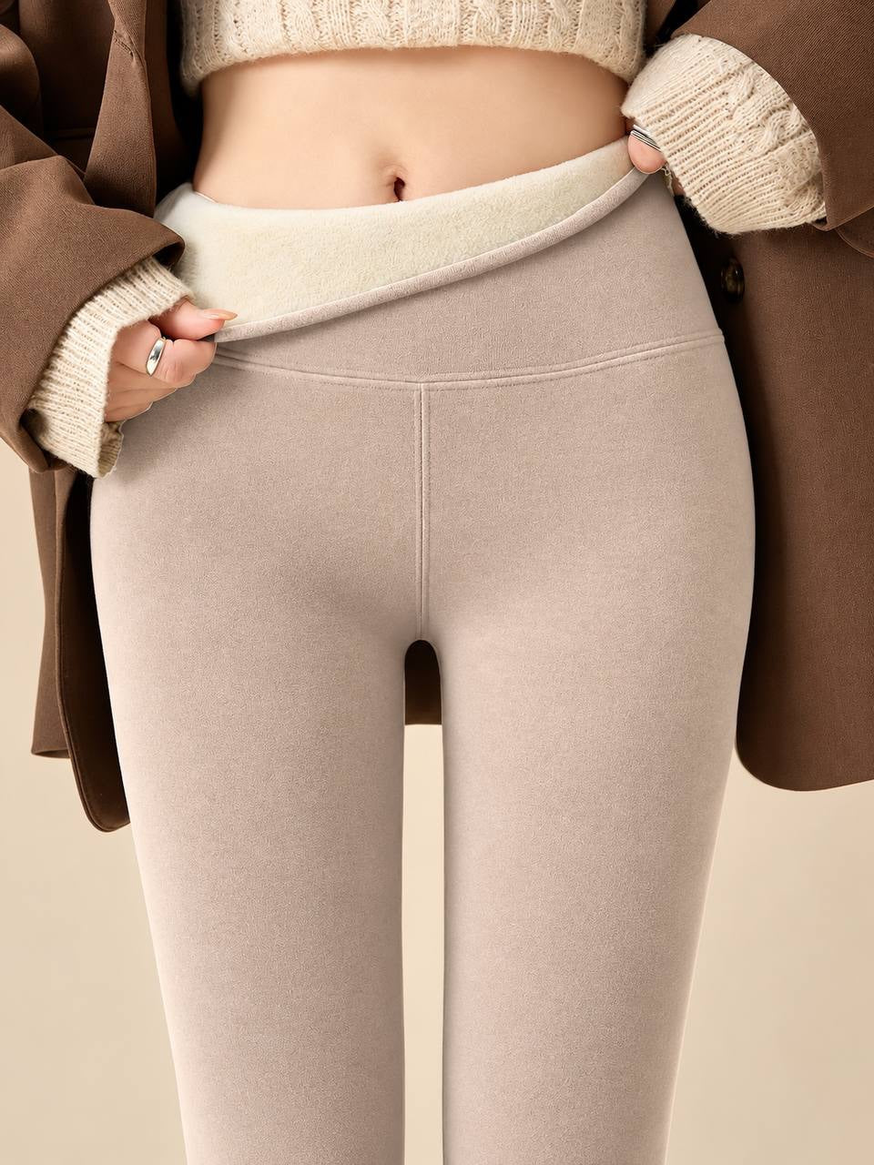 High Rise Slim Leggings With A Wide Waistband – Beige