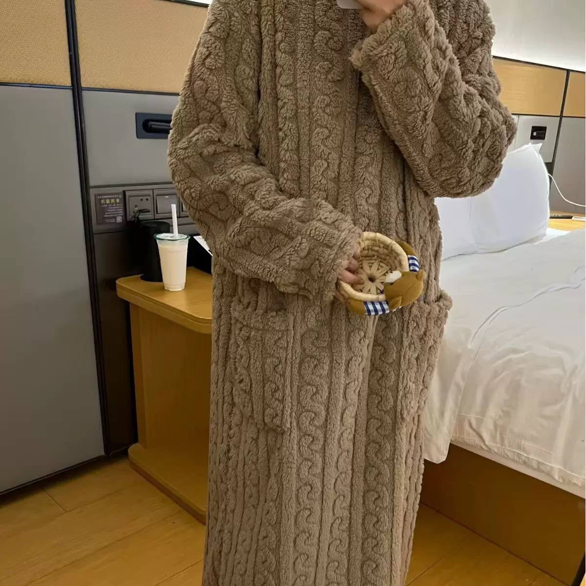 Textured Long Sleeve Nightgown With Front Patch Pockets – Taupe