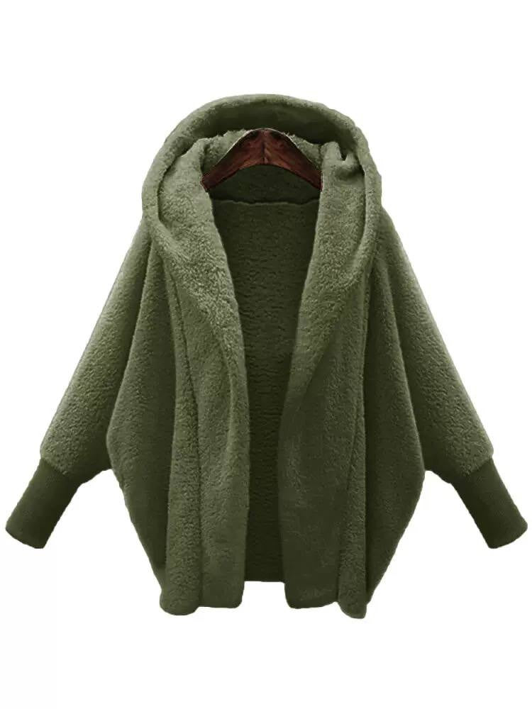 Relaxed Hooded Open-Front Jacket With Long Ribbed Cuffs – Olive Green
