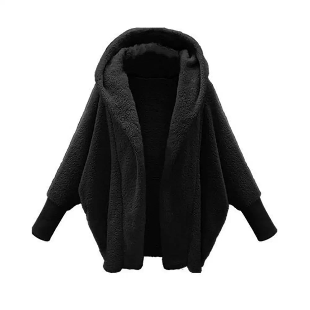 Relaxed Hooded Open-Front Jacket With Long Ribbed Cuffs – Black