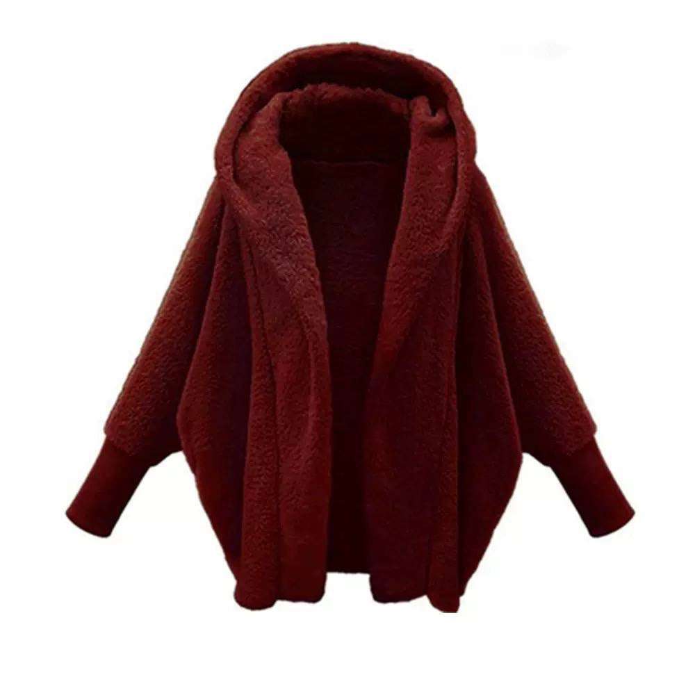 Relaxed Hooded Open-Front Jacket With Long Ribbed Cuffs – Burgundy