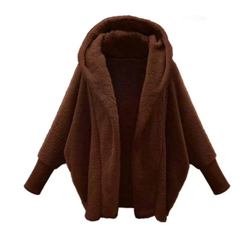 Relaxed Hooded Open-Front Jacket With Long Ribbed Cuffs – Brown