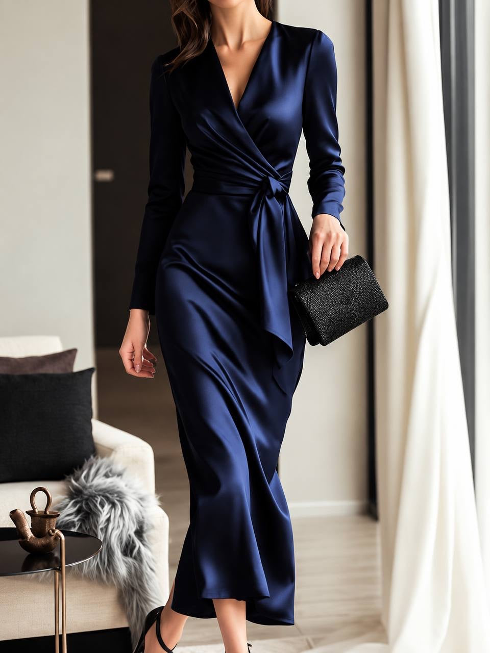 Long Sleeve V-Neck Wrap-Style Dress With Side Knot – Navy