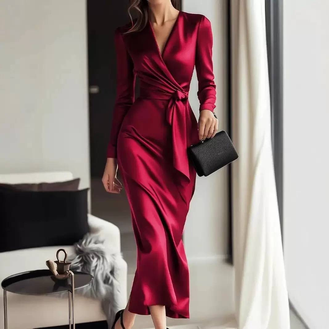 Long Sleeve V-Neck Wrap-Style Dress With Side Knot – Red
