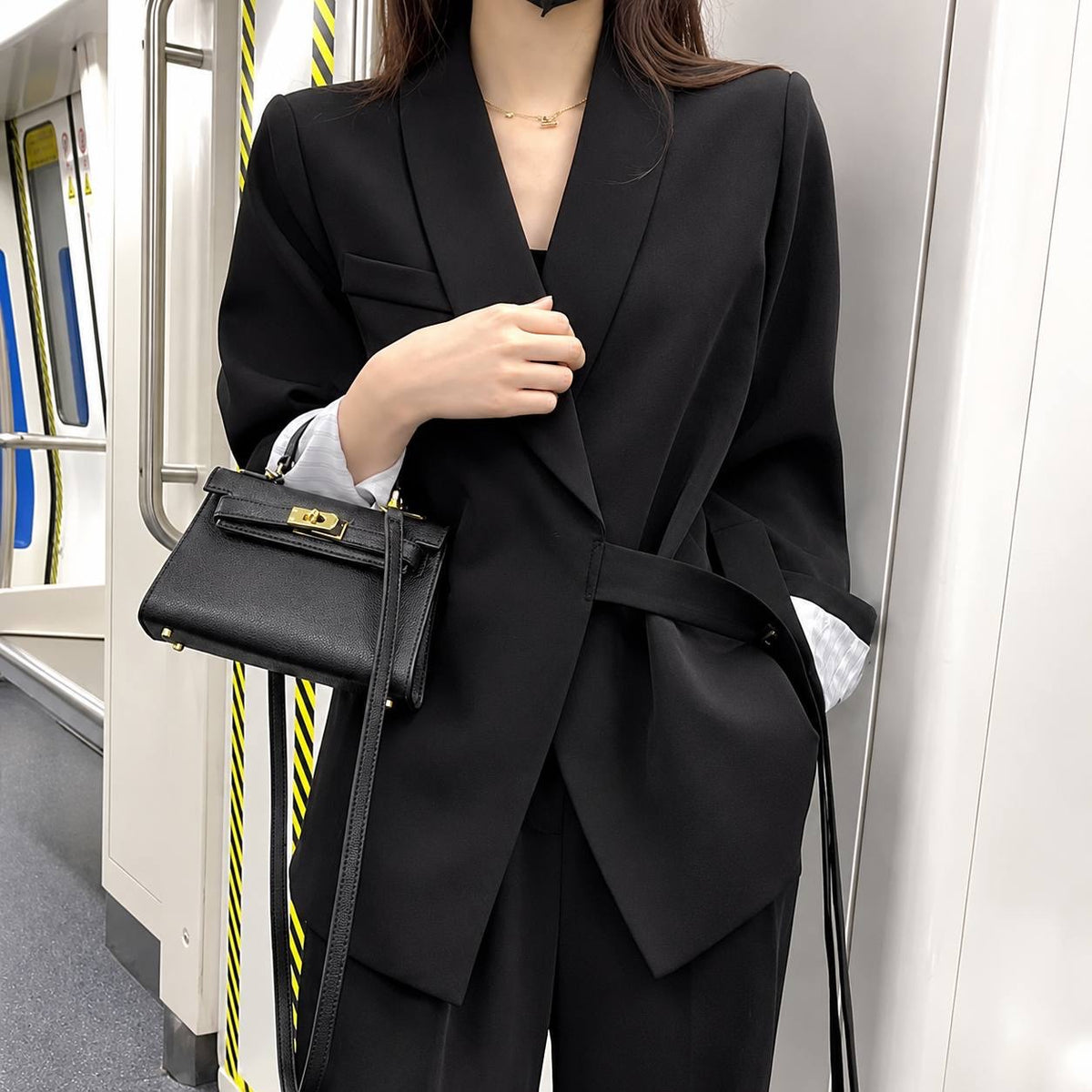Shawl Collar Tie-Waist Blazer And Matching Pants Set – Black