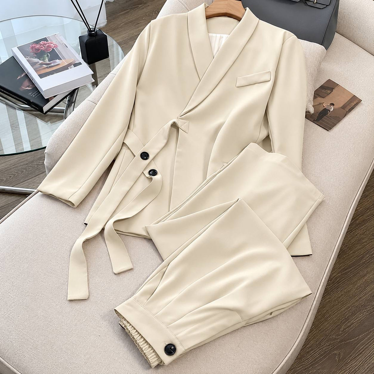 Shawl Collar Tie-Waist Blazer And Matching Pants Set – Cream