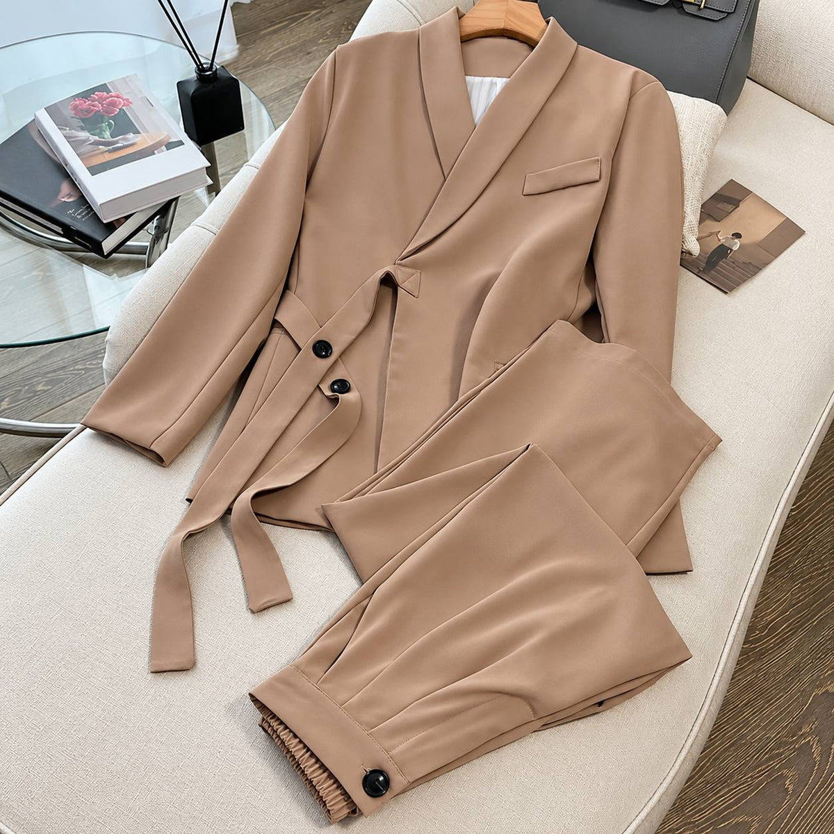 Shawl Collar Tie-Waist Blazer And Matching Pants Set – Tan