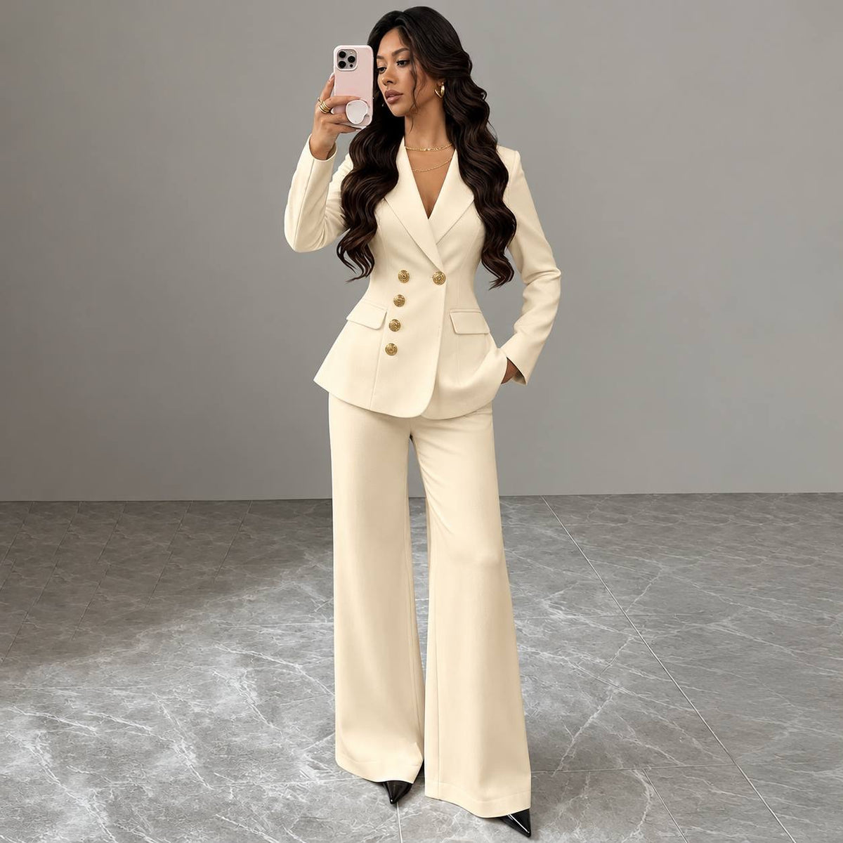 Fitted Button-Front Blazer and Wide-Leg Pants Set – Cream