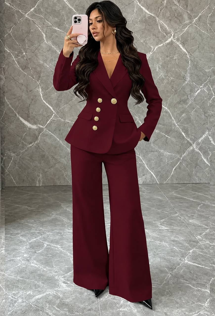 Fitted Button-Front Blazer and Wide-Leg Pants Set – Burgundy