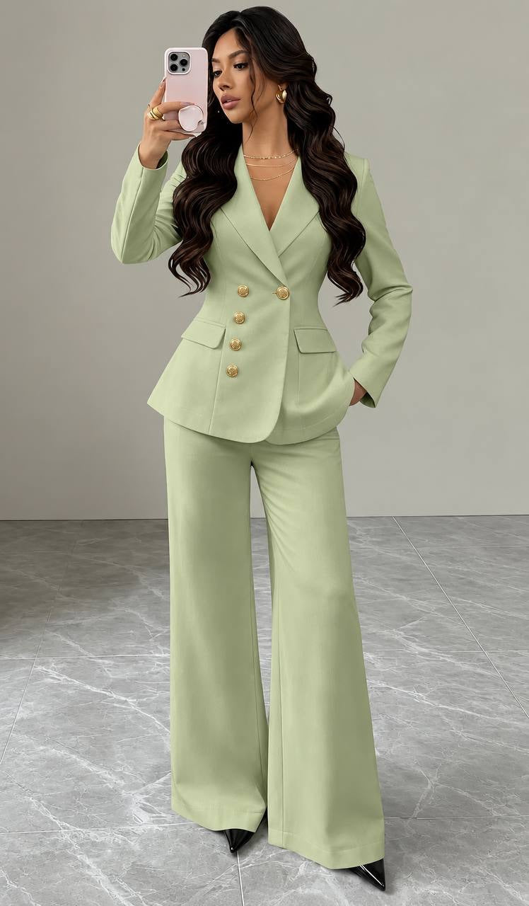 Fitted Button-Front Blazer and Wide-Leg Pants Set – Light Green