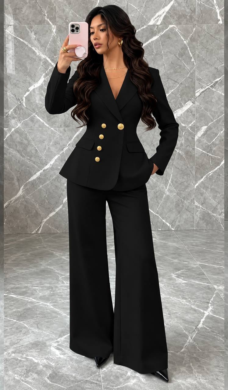 Fitted Button-Front Blazer and Wide-Leg Pants Set – Black