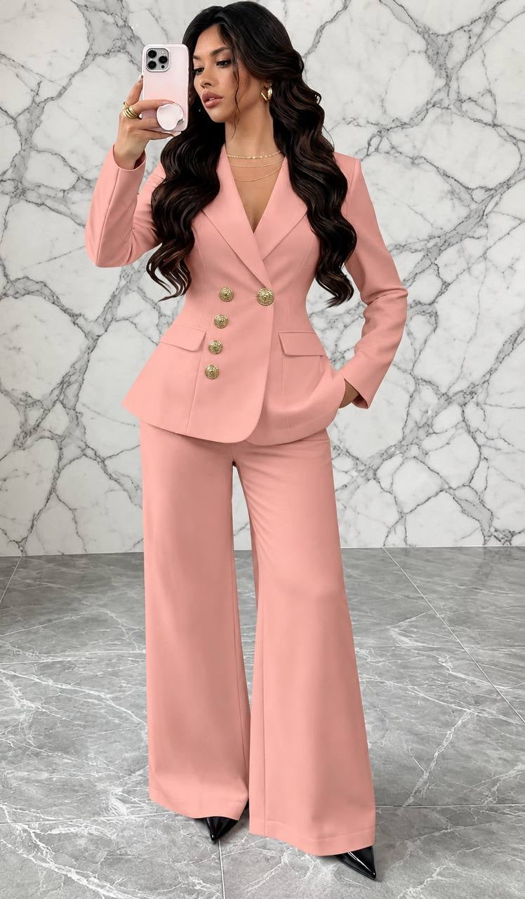 Fitted Button-Front Blazer and Wide-Leg Pants Set – Pink