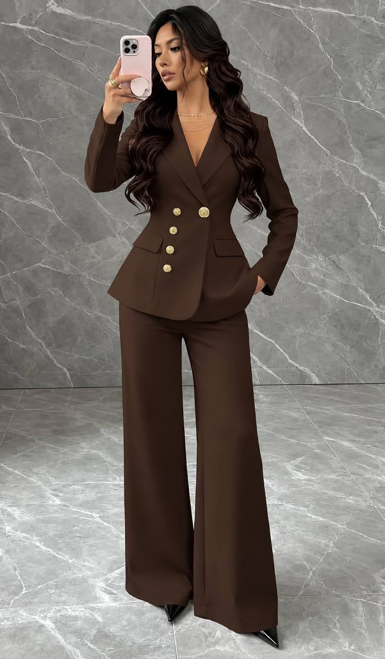 Fitted Button-Front Blazer and Wide-Leg Pants Set – Brown