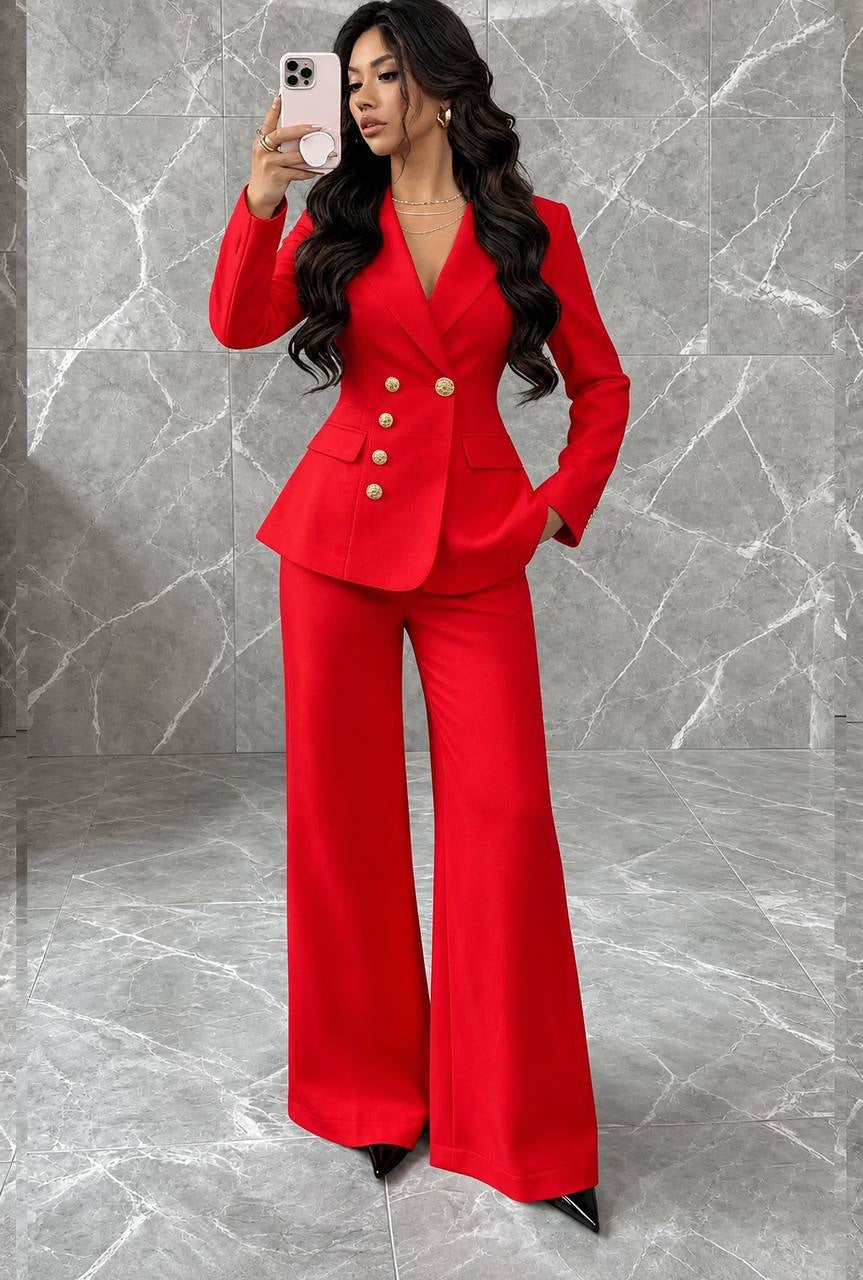 Fitted Button-Front Blazer and Wide-Leg Pants Set – Red