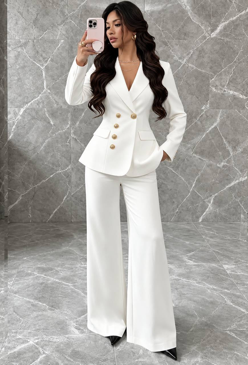 Fitted Button-Front Blazer and Wide-Leg Pants Set – White