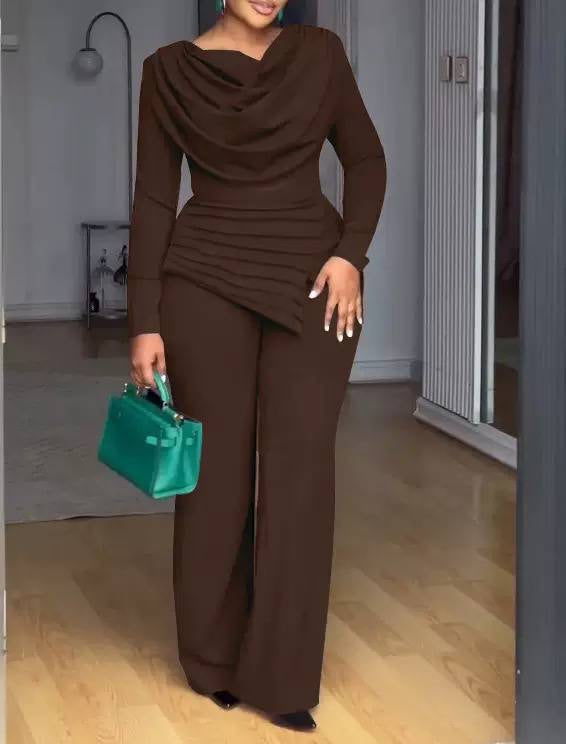 Draped Cowl Neck Top and Wide Leg Pants Set – Brown