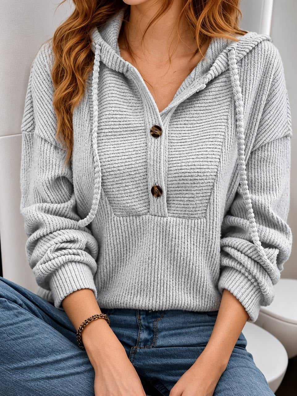 Relaxed Hooded Sweater With Button Placket and Long Sleeves – Light Grey