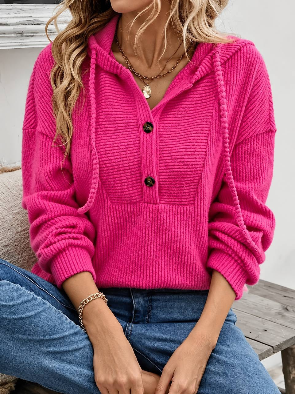 Relaxed Hooded Sweater With Button Placket and Long Sleeves – Hot Pink
